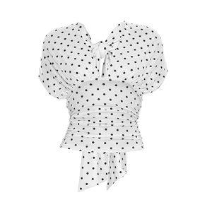 Viviblook J26TP254 Women Sexy Slim Fit Polka Dot Print Short Sleeved Deep V-Neck Backless Lace Up Casual Top - Product Image 4