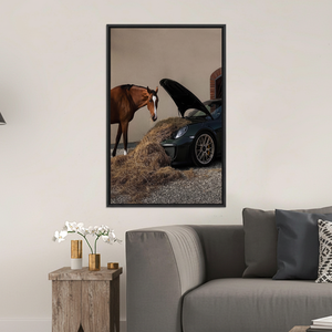 Printed Canvas: Funny Horse and Car Wall Art for Rustic Decor,<b>BLACK</b> <b>FRAMED</b> CANVAS - Product Image 3