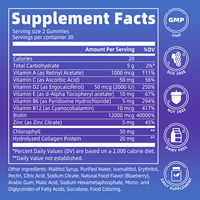Gummies à la biotine 12000mcg Vitamines pour cheveux, peau et ongles Collagène Chlorophylle Complément beauté Vitamines A C D2 E B6 B12 Zinc