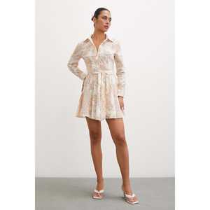 Vestido Camisero Estampado Godeli Color Crema con Cuello Tipo Wrap y Lazo, Cintura Natural, Tejido Transpirable, Vestido Casual Diario - Product Image 5