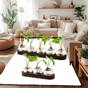 Support en bois art déco pour plantes hydroponiques Station de propagation des plantes <span class=keywords><strong>Vase</strong></span> en verre pour décoration de bureau à domicile Cadeau pour plantes d'intérieur - Product Image 2