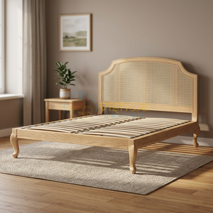 Elegant Wooden <b>Bed</b> <b>Frame</b> with Curved Cane Headboard and Sculpted Legs, Premium Modern Bedroom Furniture, Classic Luxury Bedstead - Product Image 1