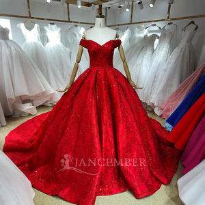 Pour BH49 Satin taille naturelle rouge robes de bal de soirée avec volants pli paillettes dorées pour les femmes - Product Image 4