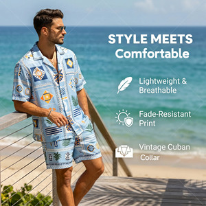 Ensemble 2 pièces pour homme, col camp, séchage rapide, imprimé mosaïque méditerranéenne, personnalisé en usine, pour vacances d'été - Product Image 2