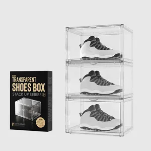 Caja de plástico apilable para zapatillas, caja de almacenamiento de zapatos transparente de acrílico, magnética, con logotipo personalizado, venta al por mayor