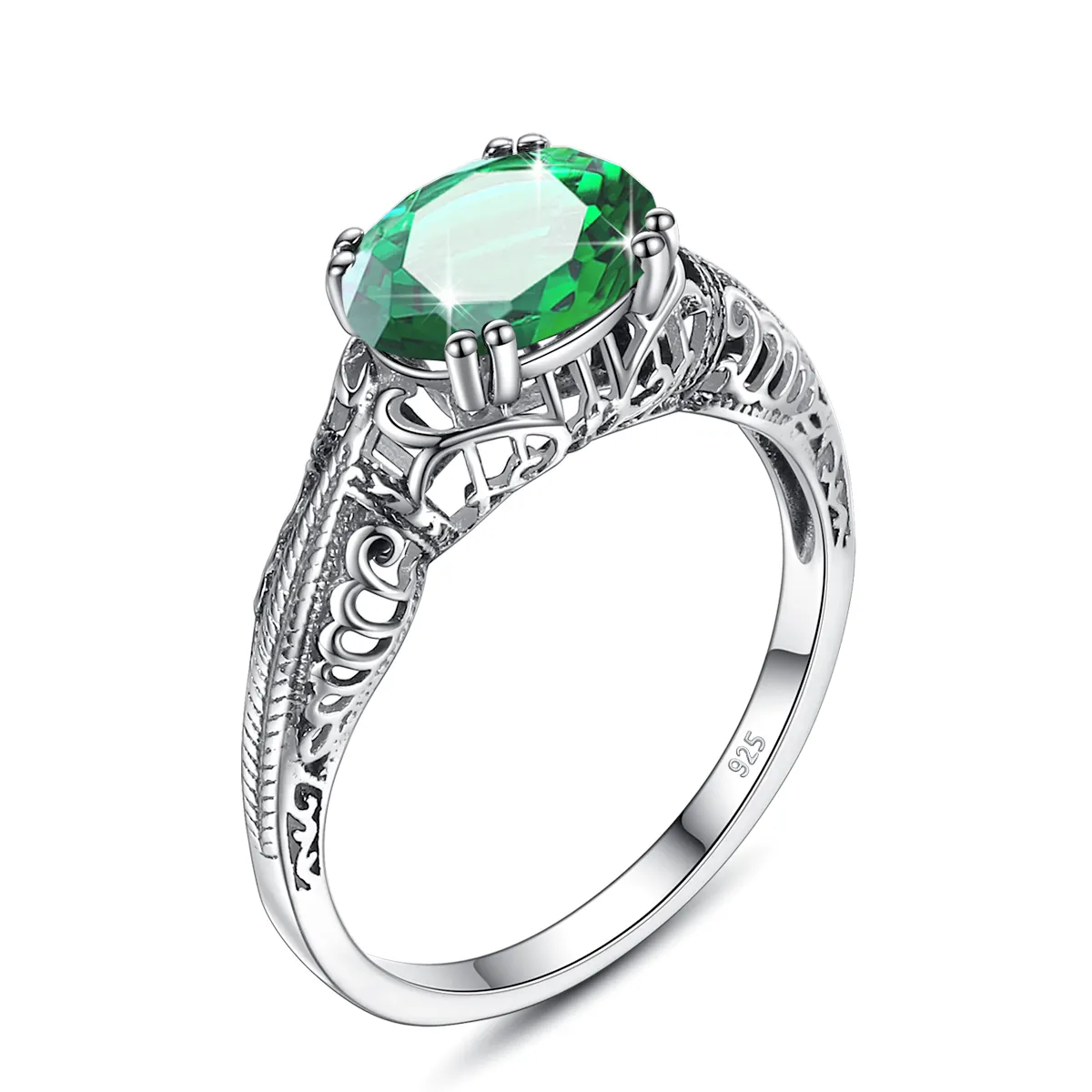 Art Deco Style 925 Rings Silver Women Particular Vintage Emerald Jewelry 100% Solid Sterling Silver Christmas Mom Gift