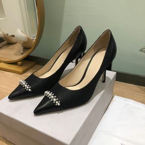 Women's <b>Black</b> Pointed Toe Stiletto <b>Pumps</b> with Pearl and Crystal Embellishments - Product Image 1