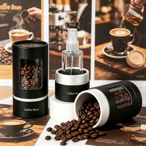 Envase de Tubo de Papel Cilíndrico Negro con Ventana Transparente de PVC para Granos de Café, Papel Kraft Reciclable con Impresión en Lámina Dorada - Product Image 5