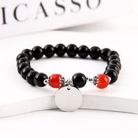Bracelet élastique en perles d'obsidienne Ywyougang avec disque métallique vierge gravable en acier inoxydable doré, fait main, logo personnalisé, pour couple