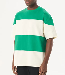 Peso pesado Rayas Collage Color Ocio Manga corta Cuello redondo Hombro caído Camiseta de gran tamaño - Product Image 4