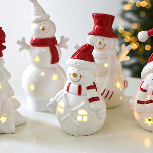 LINGKAI <b>Ceramic</b> Snowman LED Light <b>Ornament</b> White Porcelain Xmas Figurine With Red Hat Bow Tabletop Christmas Home Decor - Product Image 3