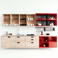 Meuble de cuisine moderne et minimaliste en placage de bois naturel avec évier intégré et robinet extractible, gain de place