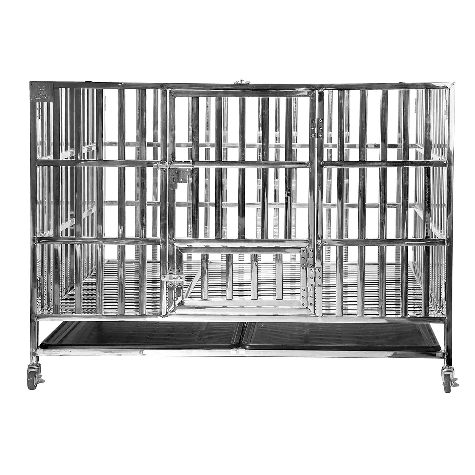 Katlanabilir paslanmaz çelik köpek kafesi Mat ve tepsi ile kilitlenebilir tekerlekler üzerinde ağır açık köpek kulübesi sandık evcil hayvan kafesi