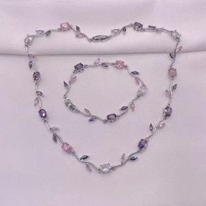 Ensemble de bijoux en zircon plaqué or 18 carats, collier et bracelet, pendentif feuille rose et violette, cadeau pour femmes, ensembles de bijoux - Product Image 2