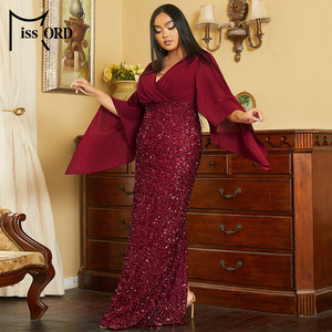 Contrast Color Mermaid Wine <strong>Red</strong> Chiffon <strong>Sequin</strong> Long Elegant Plus Size Evening Dress - Product Image 5