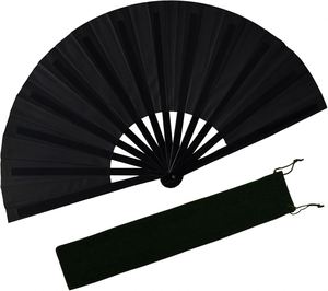 Éventail pliant noir uni de style Kung Fu avec sac de rangement, grand éventail à brins de bambou pour la danse Tai Chi, les spectacles et les fêtes - Product Image 1