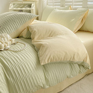 Seersucker Two-Tone Washed Cotton <b>Bedding</b> <b>Set</b> 4 Pcs Breathable <b>Stripes</b> Pattern Home Use - Product Image 2