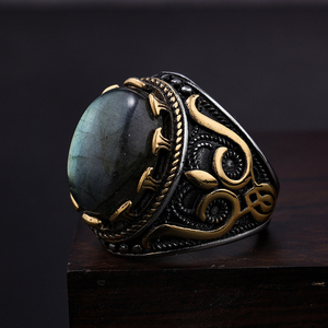 Vintage Gold Plated Stainless Steel Natural Gemstone <strong>Moon</strong> <strong>Stone</strong> <strong>Ring</strong> Flower Wave Pattern Design Party Wedding <strong>Rings</strong> Men Women - Product Image 1