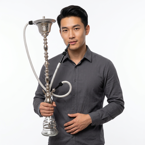 Chicha authentique Khalil Mamoon égyptienne de 118 cm, finition argentée avec noyau en laiton massif, tuyau assorti et plateau large - Product Image 2