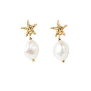 Moda perla brillante chapado en oro lindo diseño de estrella de mar pendientes mujeres 925 gota colgante perla pendiente joyería regalo - Product Image 1