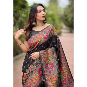 Sari de Seda Cachemir Pashmina Negro Jade de Elite Weaves con Zari Tejido, Ropa India y Pakistaní, 700g - Product Image 6