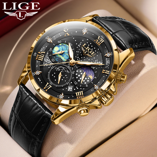 LIGE LG89107 Sample Starry Sky Dial Luxury Leather Gold Men Watch Fashion Business Quartz Watch Waterproof Luminous Wrist Watch