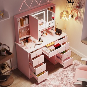 Gran oferta, tocador de maquillaje moderno de madera rosa, tocador de 9 cajones con 3 espejos, estantes de almacenamiento ocultos para dormitorio - Product Image 5