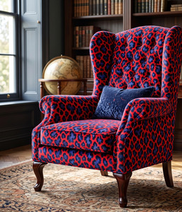Tissu d'ameublement de luxe imprimé léopard rouge et bleu, velours hollandais, satin, lin, toile, velours Matty Celosia au mètre - Product Image 1