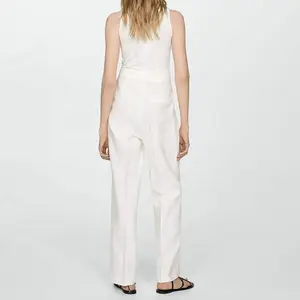 Top Fashion nouveau vêtements d'été élégant bureau dame blanc lin combinaison femmes barboteuses décontracté body avec ceinture personnalisée