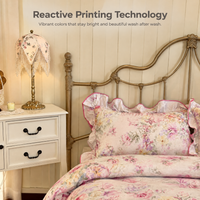 Parure de lit de luxe princesse à volants 3 pièces 100% coton imprimé réactif motif rose élégant pour la décoration intérieure