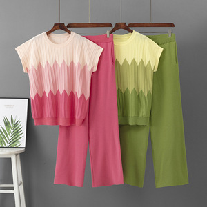 Fashion Summer Suit Contrast Color Quarter Sleeve Pullover <b>Knitted</b> Top Slim Wide Leg Pants Trousers Blouses Two-Piece <b>Knit</b> <b>Set</b> - Product Image 1