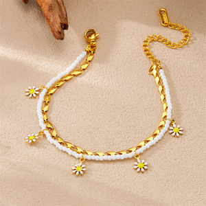 Fashionable Double Layer White Seed Bead Daisy Chain Stainless Steel Anklet For Women - Product Image 2