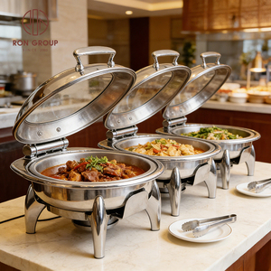 Chauffe-Plat Moderne Rond en Acier Inoxydable à Couvercle en Verre, Chauffé au Gaz, pour Buffets d'Hôtels, Restaurants, Mariages et Traiteurs - Product Image 1