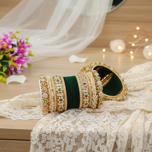 Elegant Bridal Velvet <b>Bangles</b> <b>Set</b> Pota Stone & Pearl Detailing Pearl Bracelets for Women Fine Jewelry - Product Image 3
