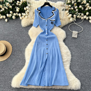 Vestidos Casuales de Punto para <span class=keywords><strong>Mujer</strong></span>, Cuello Polo, Manga Corta, Combinación de Colores, Verano - Product Image 5