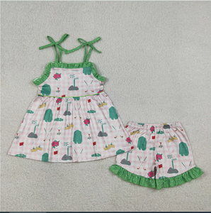 Conjunto de ropa de verano para niñas, túnica con tirantes a cuadros rosa, pantalones cortos con volantes, GSSO3099, para adolescentes - Product Image 1