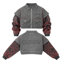 Jaket Denim Musim Dingin Kancing Abu-abu Washed Crop Merah Hitam Lengan Rajut Motif Api Logo Timbul 3D Badge Oval Jahitan Kulit Kepang