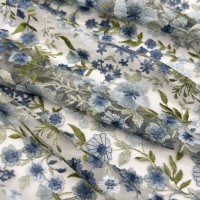 Tissu en maille léger brodé de petites fleurs bleues vintage en polyester et dentelle pour chemisier femme, robe de soirée, décoration intérieure
