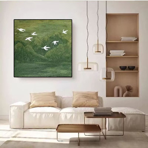 Peinture à l'huile peinte à la main, montagnes vertes, oiseaux en vol, art abstrait 3D en sable de quartz, style chinois, art mural carré pour salon - Product Image 3