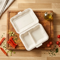 Boîte à clapet en amidon de maïs biodégradable jetable de 9x6 pouces, 2 compartiments, sans BPA/PFAS, micro-ondable, recyclable, 900 ml, vente en gros