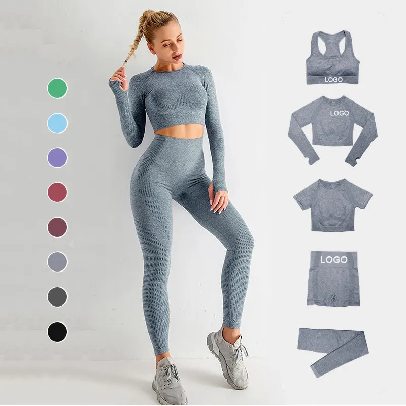 Dikişsiz Yoga kıyafeti 2 parça spor gömlek kırpma üst tayt spor seti spor eşofman egzersiz seti