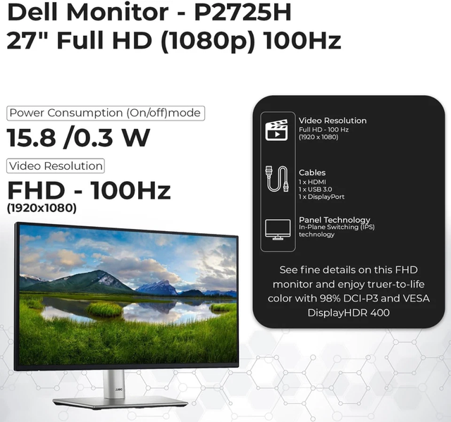 For 27 Inch Monitor P2725H Full HD 1080p 100Hz Anti-Glare 16:9 IPS DP LCD Computer Monitor