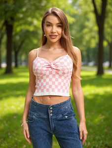 Top Corto de Punto a Cuadros Rosa para Mujer, con Tirantes Finos y Escote Corazón, Estilo Casual para Primavera/Verano - Product Image 2