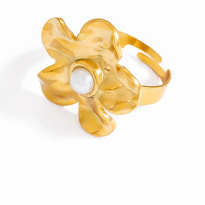 Flower Gold Color <b>Bracelet</b> Ring <b>Set</b> Women's Jewelry Everyday Wear 18K Gold Plated Pearl Inlay Bezel Setting - Product Image 5