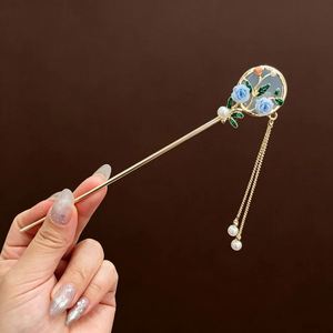 Épingle à cheveux en forme d'éventail de style chinois pour femmes, avec perles, pompons et fleurs, pour Qipao et Hanfu - Product Image 5