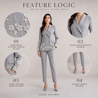 Trajes de Negocios para Mujer, Elegantes, Color Gris Ceniza, Apliques Florales en 3D, Blazer Bordado, Conjuntos de Pantalón, Corte Entallado, Doble Botonadura, Personalizado OEM/ODM