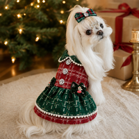 Robe de Noël à carreaux personnalisée avec logo, collier perlé et boutons en strass pour petits chiens (tailles XS à L) – Vêtements pour animaux de compagnie en tartan – Vente en gros
