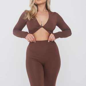 Gym Active vêtements femmes grandes tailles Sexy Vintage chocolat personnalisé manches longues chemises torsadées - Product Image 6