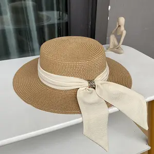 Элегантный бант, плоская крыша, соломенная шляпа, летняя плоская кромка, солнцезащитная шляпа, открытая пляжная шляпа.