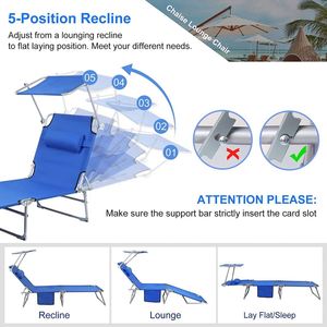 Portable Beach <b>Chairs</b> Outdoor Folding Chaise Lounge With 5 Adjustable Positions <b>Rotatable</b> Canopy Shade Pocket Pillow - Product Image 3